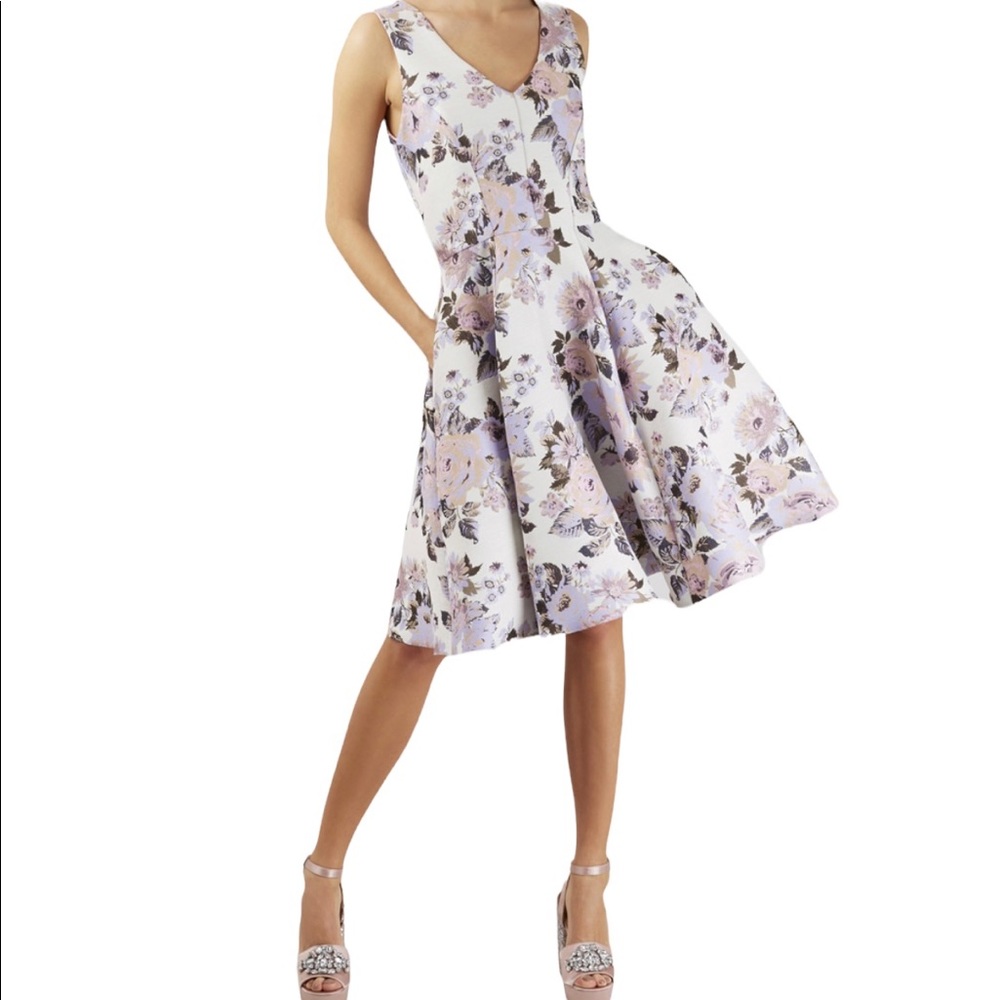 Closet London Cream Purple and Pink Floral Full Skirted Dress 4